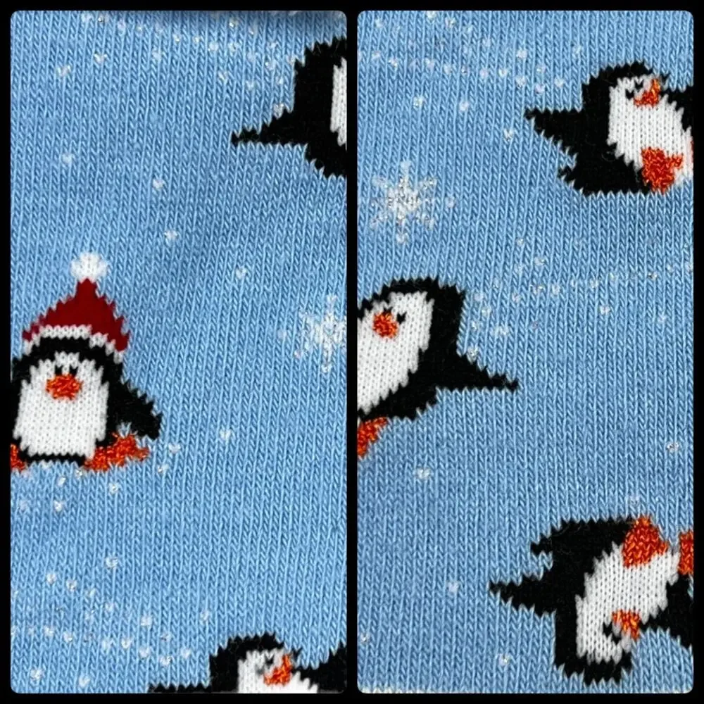 Festive Christmas Penguin Toe Socks in Blue with White Fluffy Fringe Snowflakes